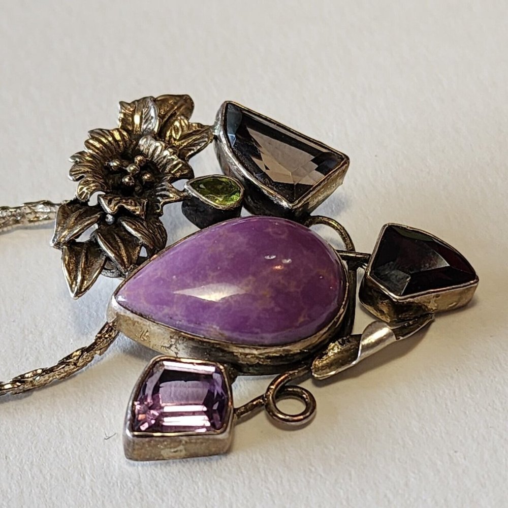Vintage Sterling 925 Pendant Semi-precious Stones Floral Silver Work With 24... - Picture 9 of 16